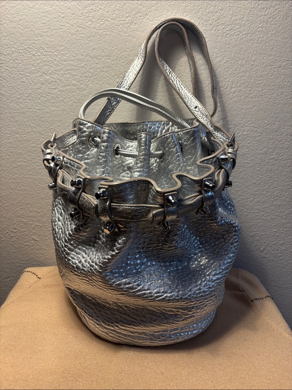 Alexander Wang Large Diego Silver Metallic Leather Studded Bucket Bag Rare
